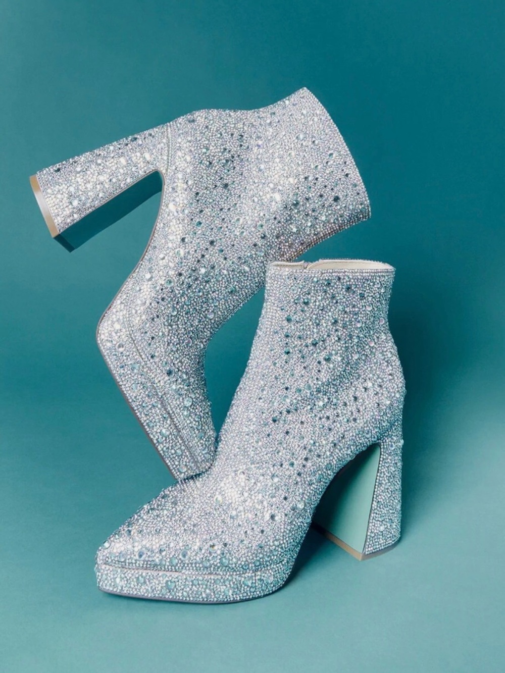 Betsey Johnson Iridescent Crystal Embellished Silver Platform Booties